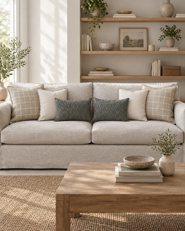 Light grey sofa with taupe check, white herringbone and charcoal trellis lumbar cushions