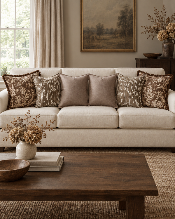 Cream sofa with chocolate botanical, cocoa cord embroidery and mocha flanged cushions