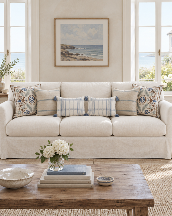 White slipcover sofa with blue medallion, sand and sky stripe and blue check lumbar cushions