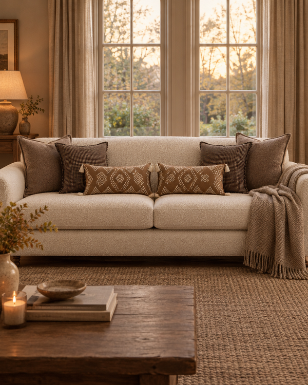 Cream sofa with mocha bouclé, chocolate check and cinnamon lumbar cushions, two of each