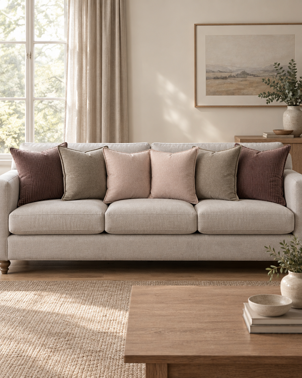 Pale grey sofa with brown pinstripe, taupe piped and blush flannel cushions