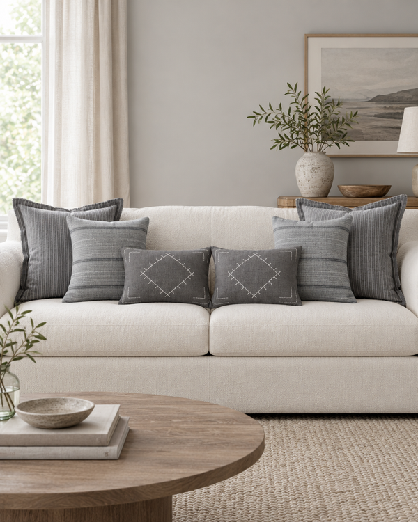 White sofa with large grey pinstripe, grey stripe and grey diamond lumbar cushions