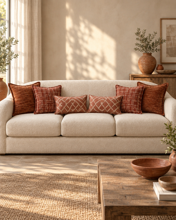 Oatmeal sofa with rust velvet, rust grid and terracotta trellis lumbar cushions