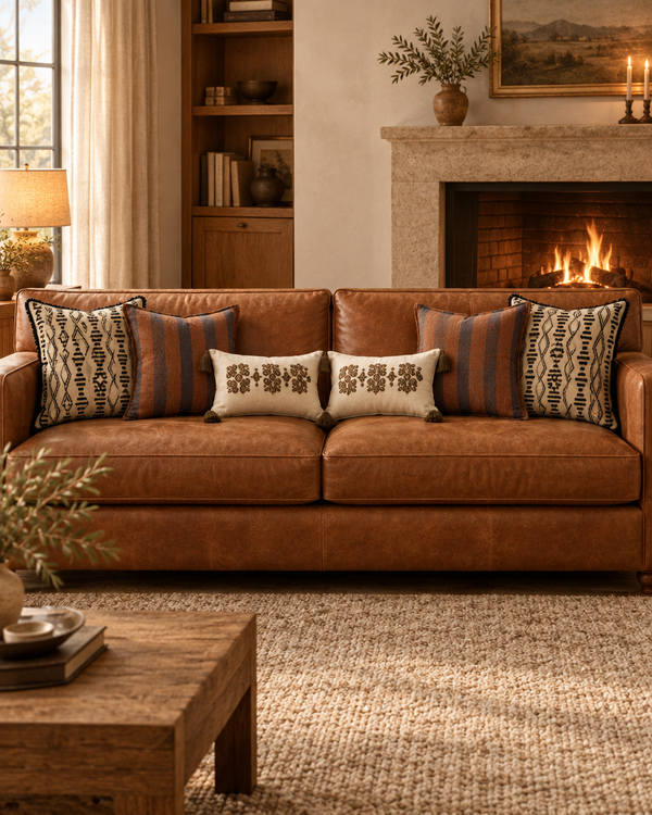 Cognac leather sofa with sand ikat, rust stripe and ivory brown lumbar cushions