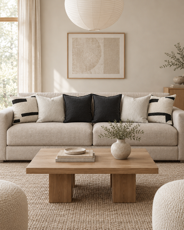 Low linen sofa with ivory and black loop-pile, ivory wool and charcoal flanged cushions