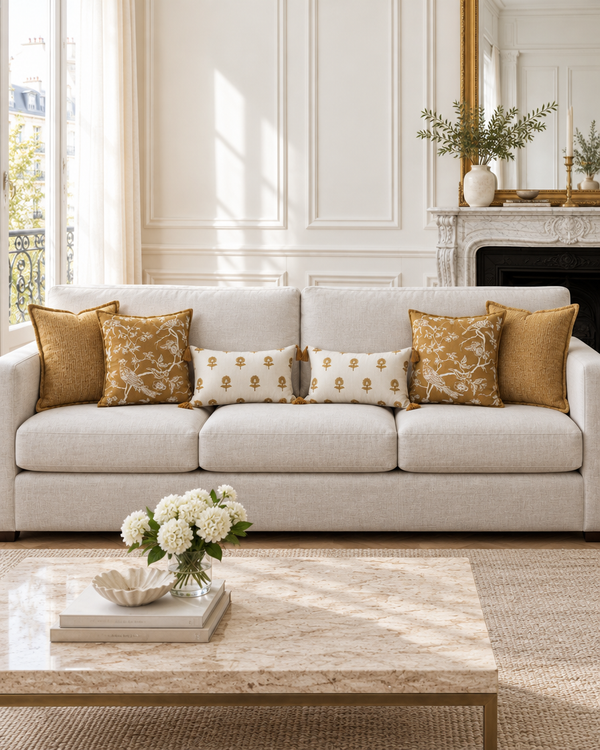 Pale grey sofa with mustard chenille, mustard bird embroidery and ivory ochre floral lumbar cushions