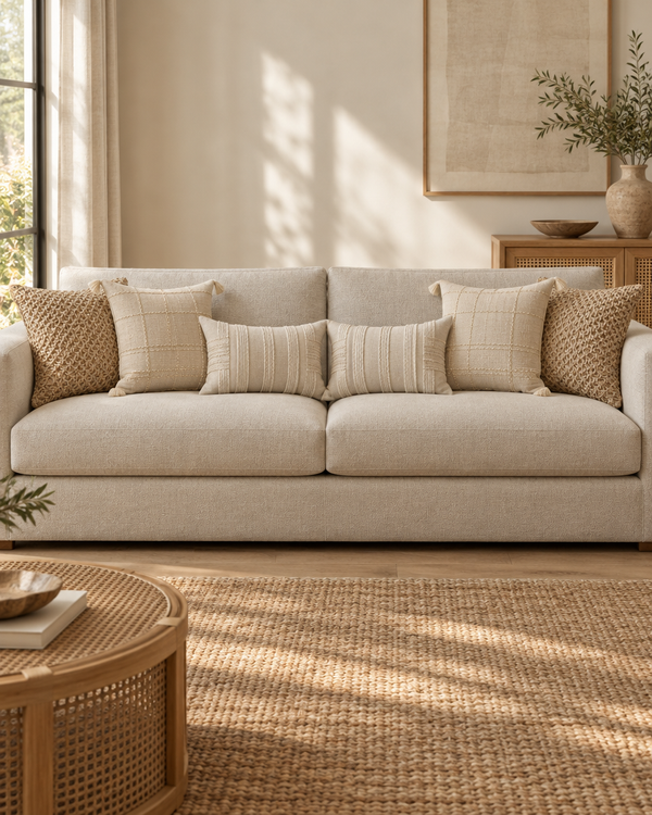 Oatmeal sofa with jute honeycomb, oat check and ivory banded hand-woven cushions