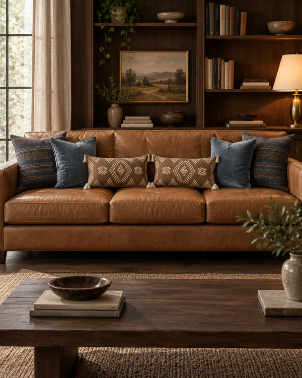 Tan leather sofa with navy and rust stripe, denim blue velvet and cinnamon lumbar cushions