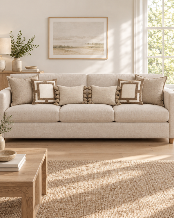 Beige linen sofa with oat slub, ivory and caramel loop-pile and oat tasselled lumbar cushions