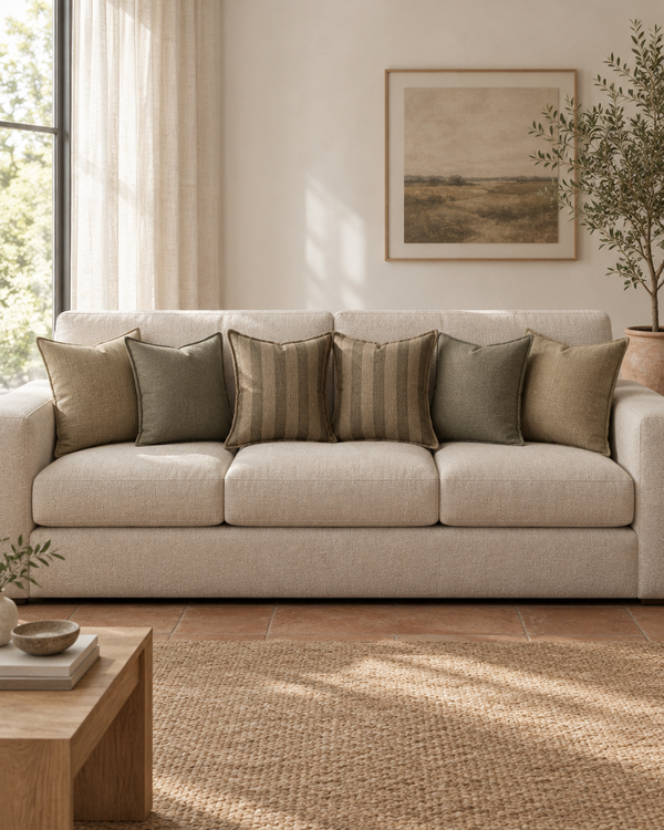 Beige sofa with olive slub, olive flannel and olive stripe cushions