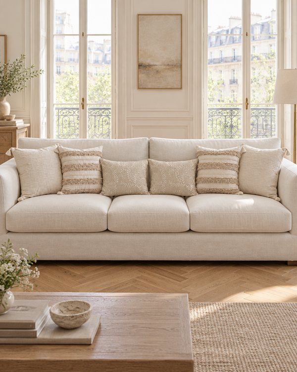Cream sofa with ivory tassel, ivory and oat banded and oat sprig lumbar cushions