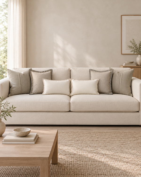 Cream sofa with stone jacquard, stone border and white contrast-edge lumbar cushions
