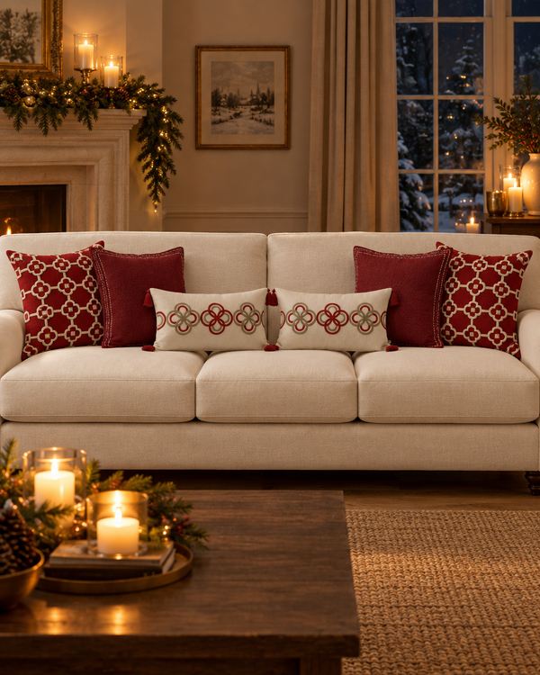 Cream sofa by a fire with red lattice, burgundy and ivory red-ring lumbar cushions