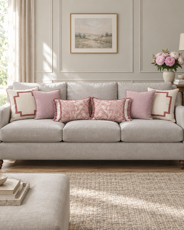 Dove grey sofa with ivory and rose, pink check and dusty rose floral lumbar cushions