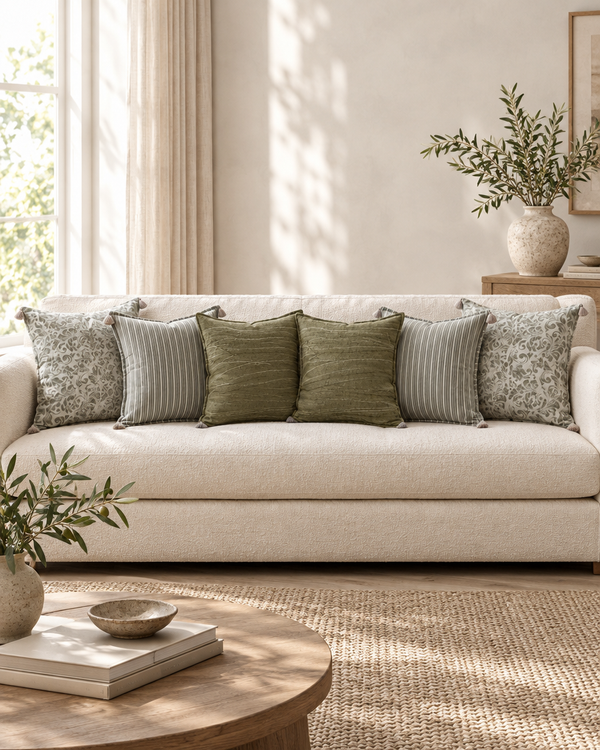 Cream linen sofa with sage grape leaf, sage stripe and olive jacquard cushions