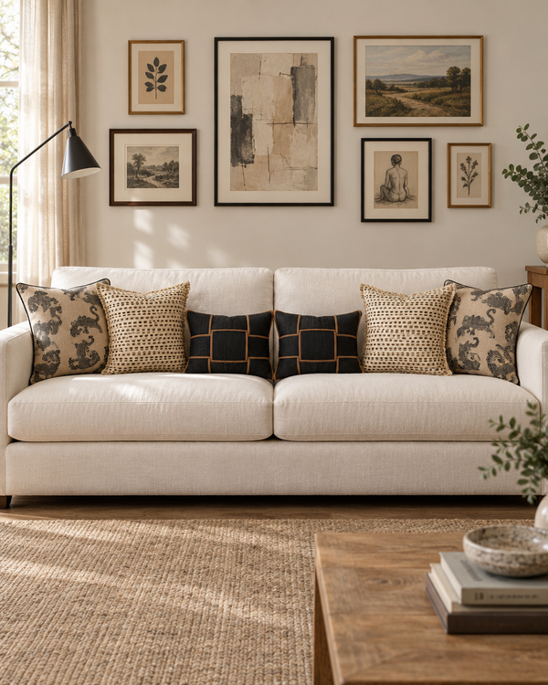 Cream sofa with sand tiger, sand dot and black and tan basket weave lumbar cushions