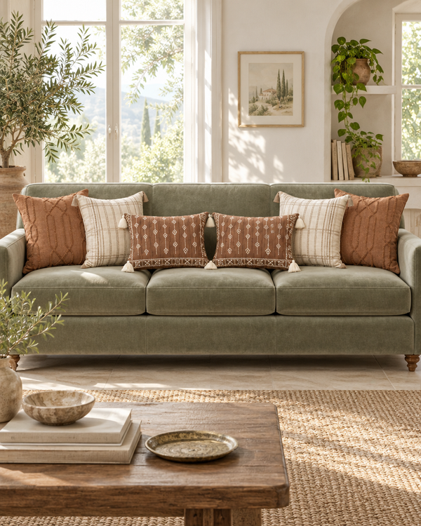 Sage velvet sofa with terracotta trellis, ivory stripe and terracotta tasselled lumbar cushions