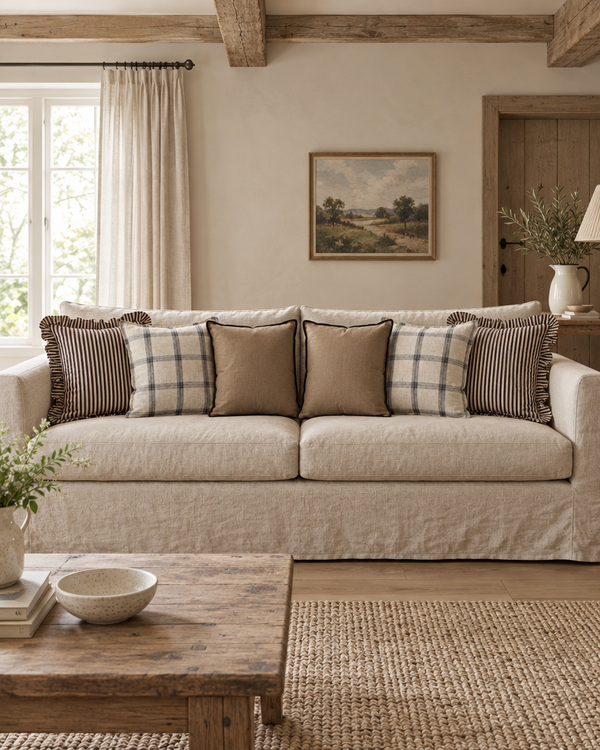 Linen sofa with ruffled ticking stripe, natural tartan and brown bound cushions
