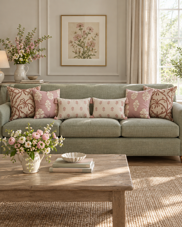 Sage sofa with blush vine, rose pink and ivory rose lumbar cushions