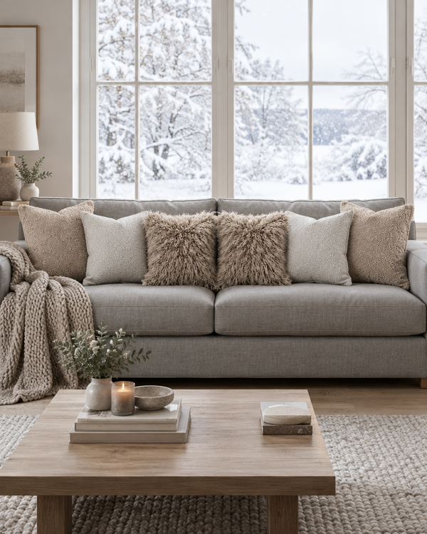 Grey sofa with beige teddy, ivory wool and sand shaggy faux fur cushions