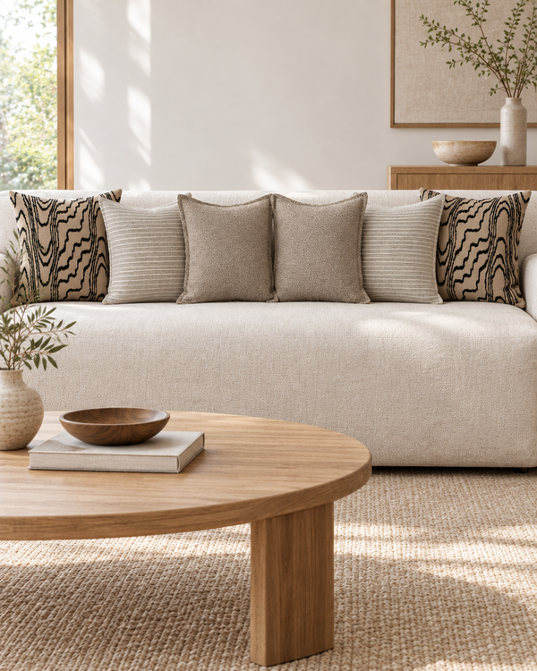 Cream sofa with sand wood grain, oat stripe and taupe heathered cushions