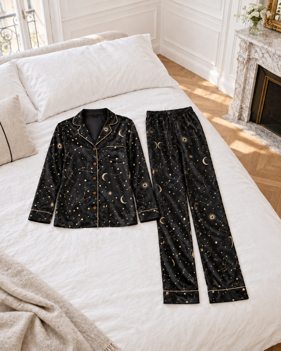 Starry Night Modal Cloud pyjama set laid flat on a white bed in a Parisian bedroom with a marble fireplace.