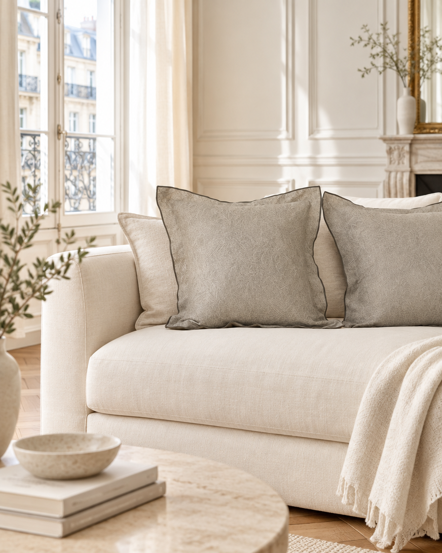 Stone flanged jacquard cushions on a cream sofa in a panelled Parisian salon
