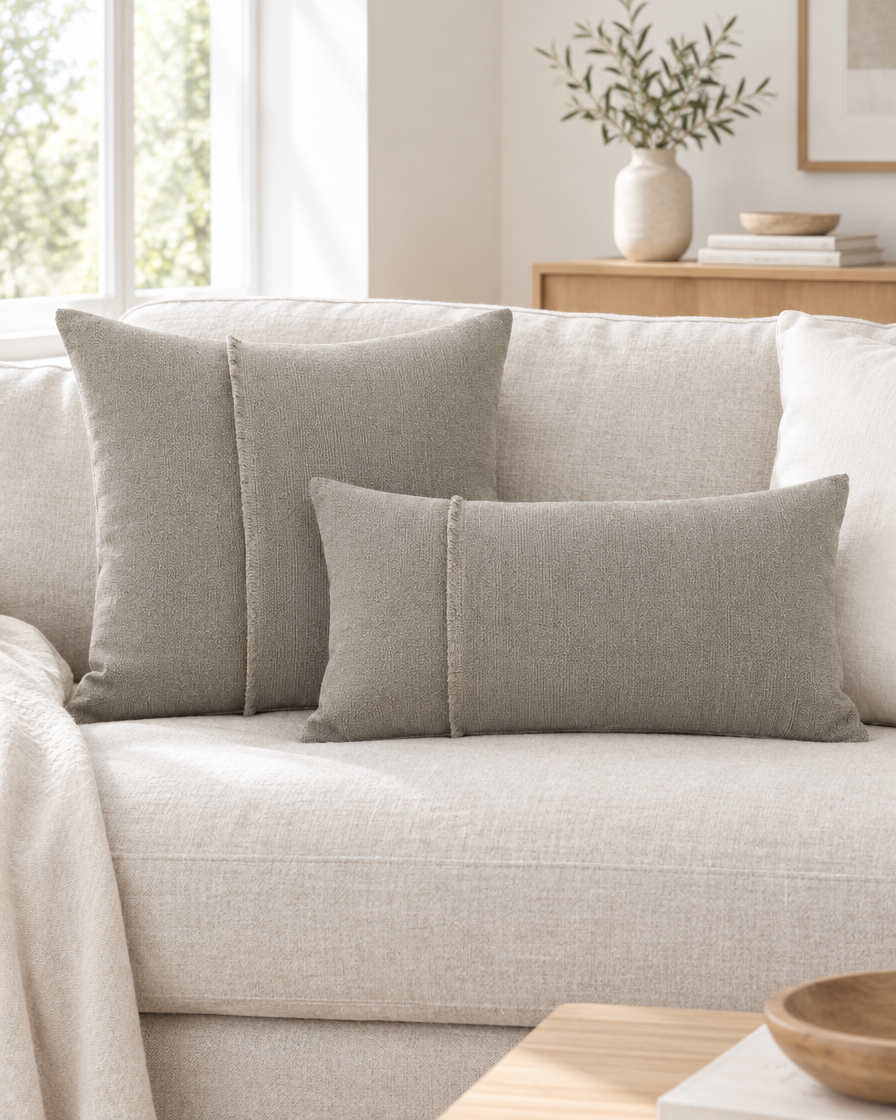 Stone jacquard square and long lumbar cushions with a frayed cord seam on an oatmeal linen sofa in a calm living room
