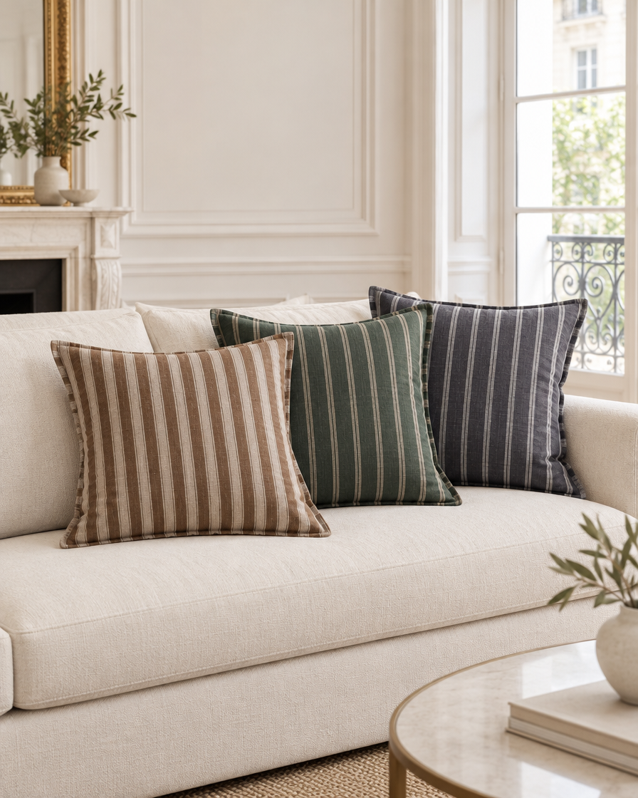 Brown, forest green and charcoal stripe linen cushions on a cream sofa in a panelled Parisian salon