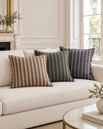 Brown, forest green and charcoal stripe linen cushions on a cream sofa in a panelled Parisian salon