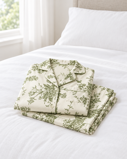 Summerhouse green floral Modal Cloud pyjama set folded on a white bed