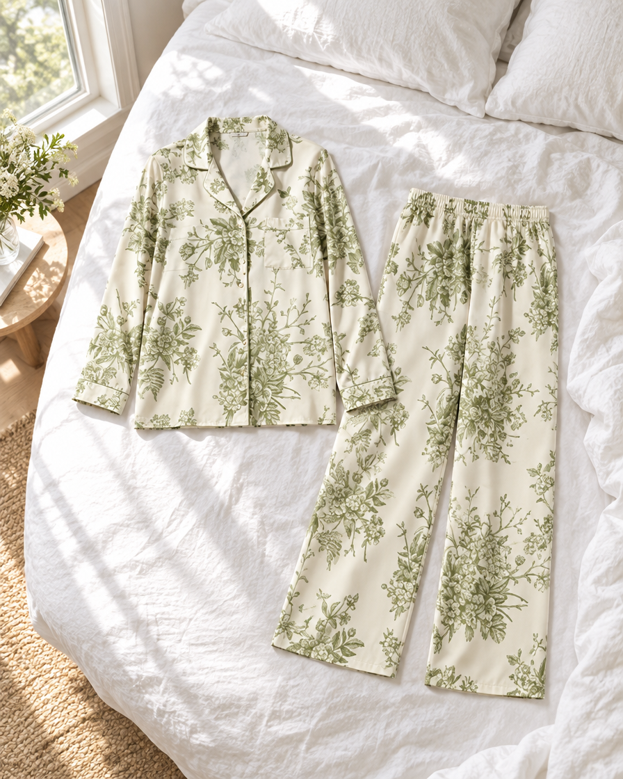 Summerhouse Modal Cloud pyjama set in green toile laid flat on crumpled white linen in a sunlit bedroom.