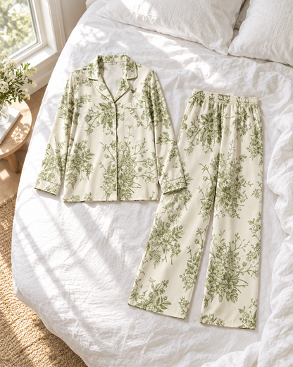 Summerhouse Modal Cloud pyjama set in green toile laid flat on crumpled white linen in a sunlit bedroom.