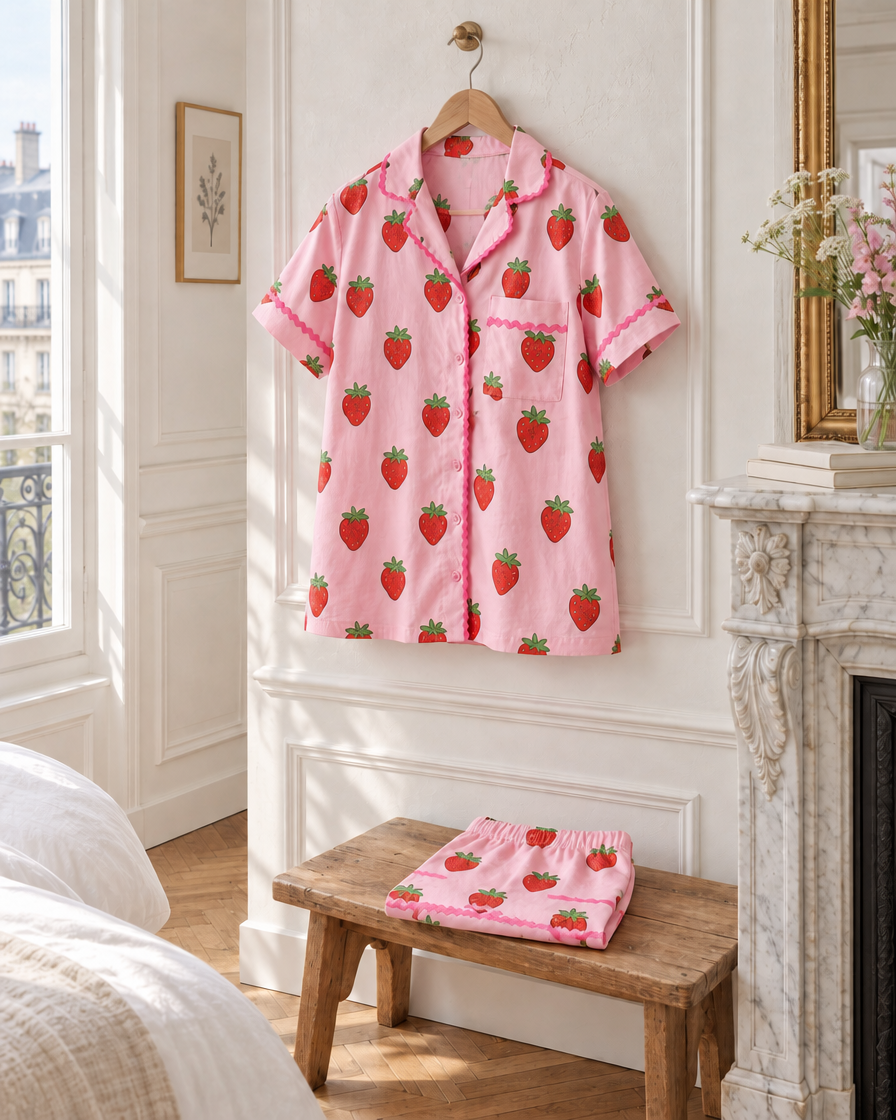 Sweet Strawberry cotton pyjama shirt on a hanger in a Parisian bedroom, shorts folded on a wooden bench.