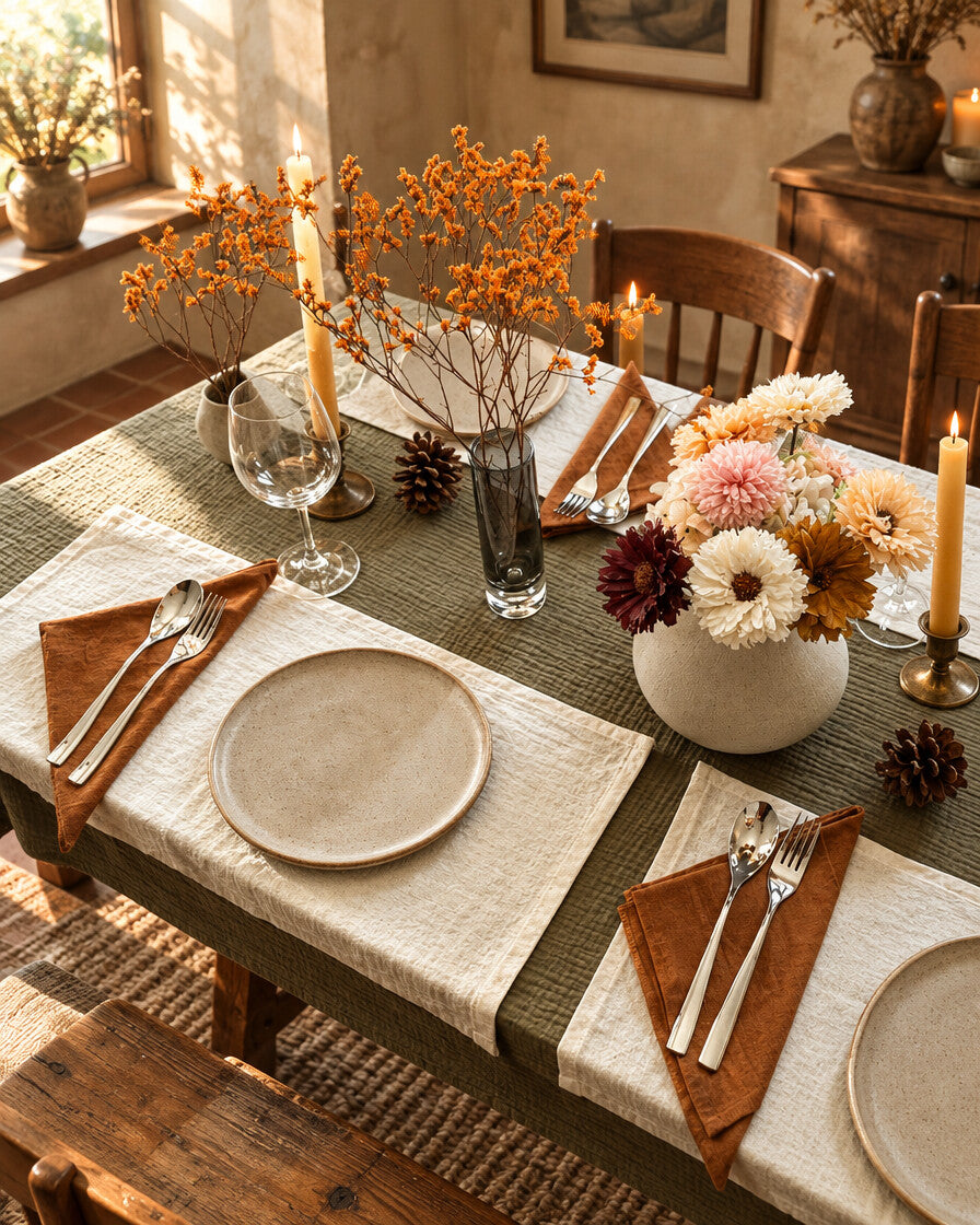 Juniper green cloud cotton table cloth layered over an oat milk cloth, set with cream plates, rust napkins and autumn flowers by candlelight