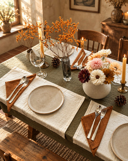 Juniper green cloud cotton table cloth layered over an oat milk cloth, set with cream plates, rust napkins and autumn flowers by candlelight