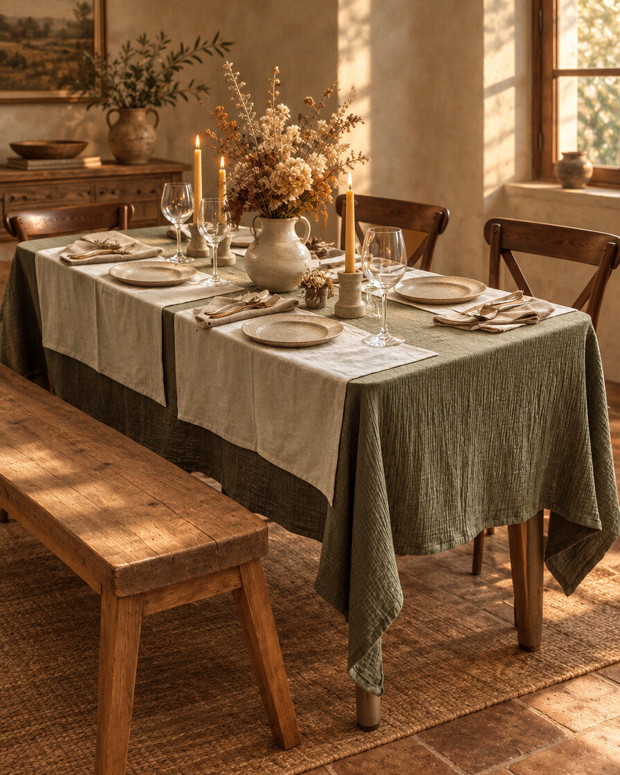 Juniper green cloud cotton table cloth draped low over a long dining table laid for six, with a wooden bench