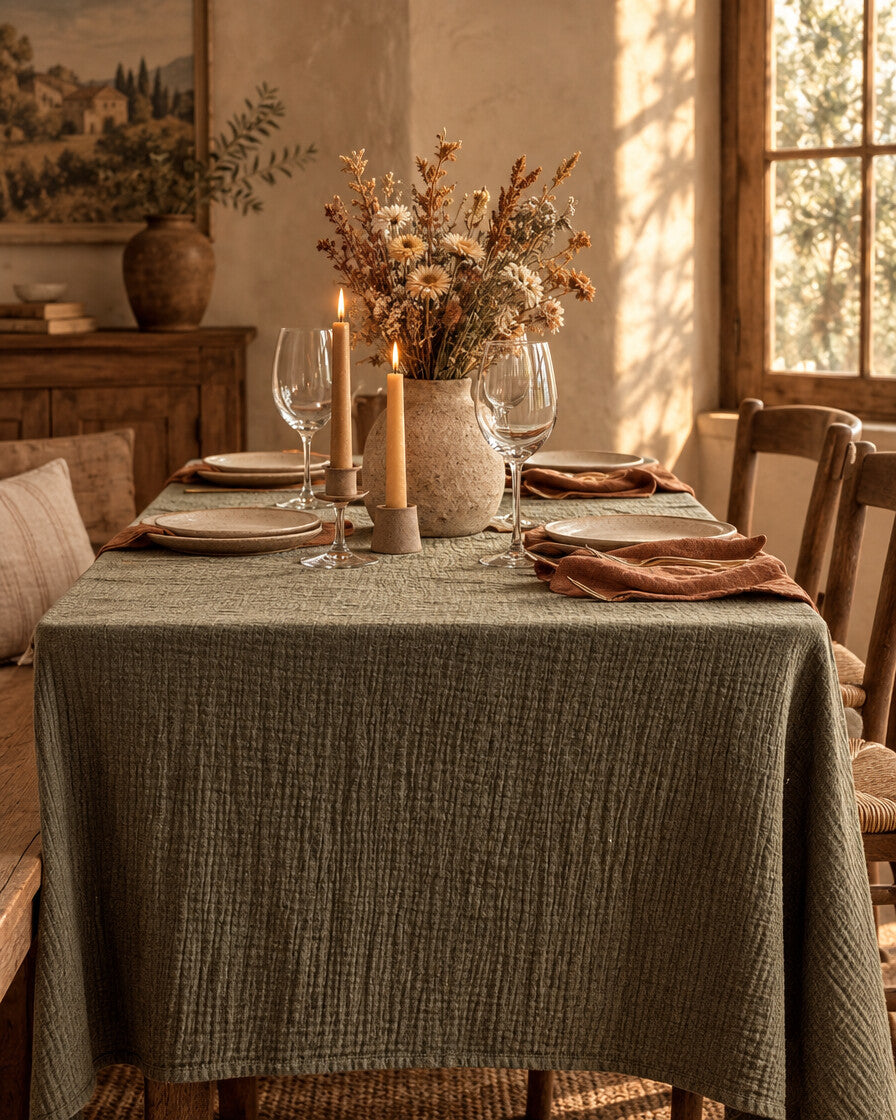 Juniper green cloud cotton table cloth on a dining table by a window, with wine glasses, rust napkins and dried flowers