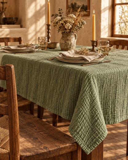 Juniper green cloud cotton table cloth, close view of the crinkled gauze and hemmed edge, in a warm rustic dining room