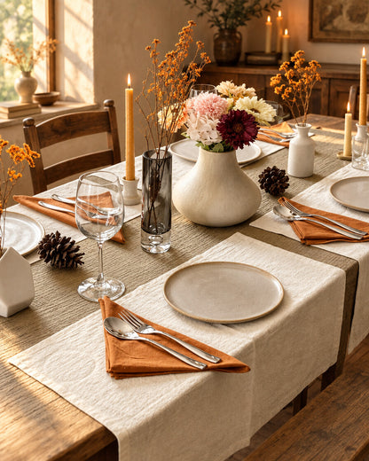 Oat milk cloud cotton table cloth, laid for dinner in a warm rustic dining room