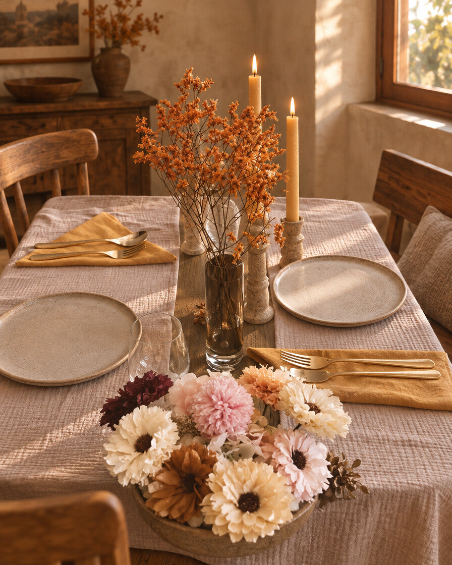 Cloud cotton table cloth, laid for dinner in a warm rustic dining room