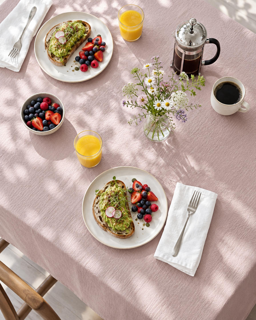 Pale Pink cloud cotton tablecloth seen from above at brunch, with avocado toast, orange juice, black coffee and leaf shadows.