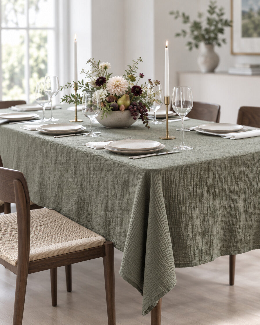 Juniper green cloud cotton tablecloth dressed for a candlelit dinner party