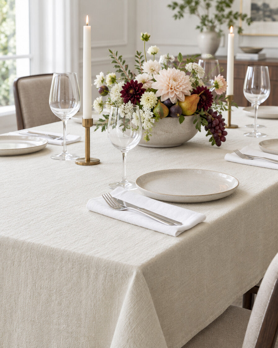 Oat milk cloud cotton tablecloth dressed for a candlelit dinner party