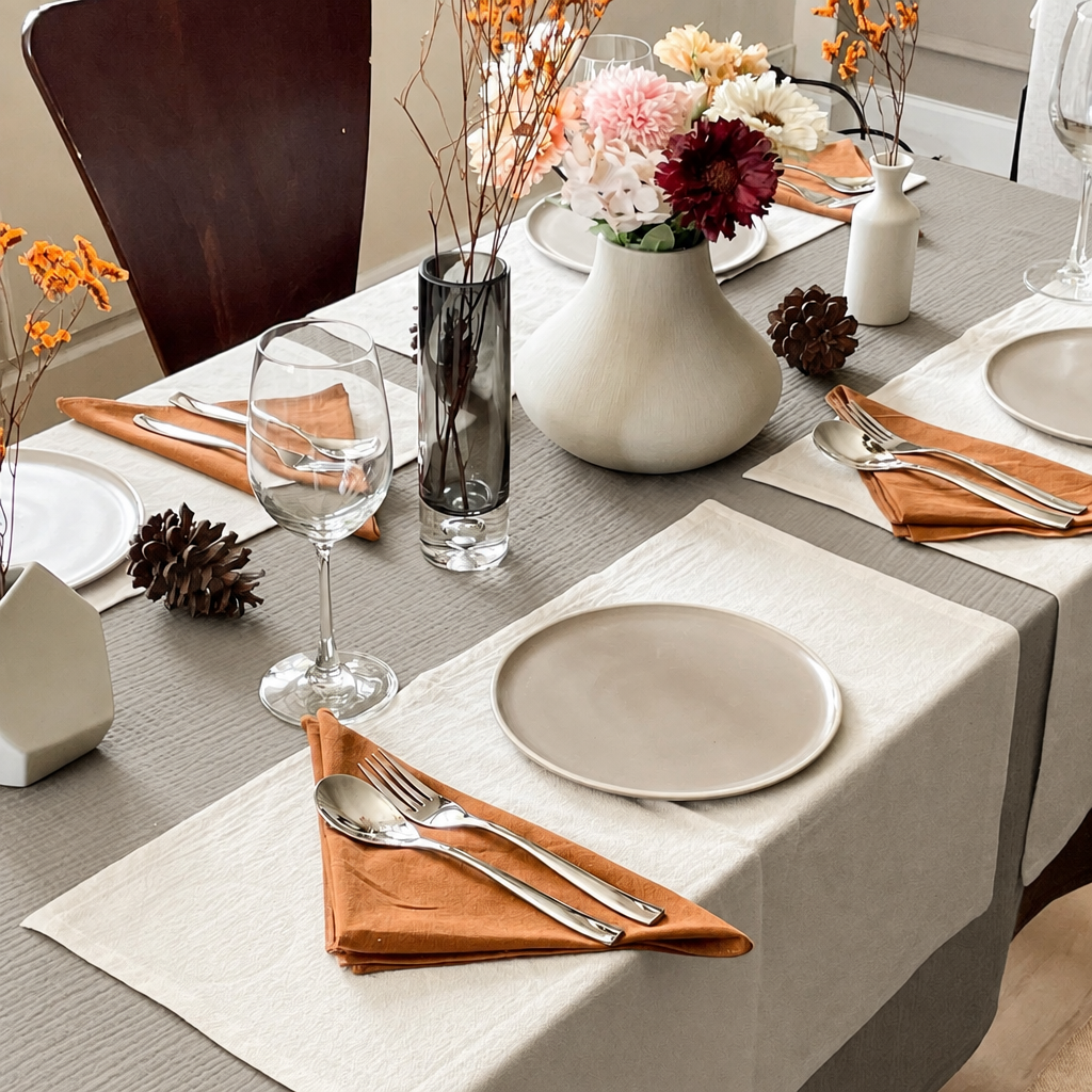 Warm Grey cloud cotton tablecloth laid for an autumn dinner with stoneware plates and copper napkins.