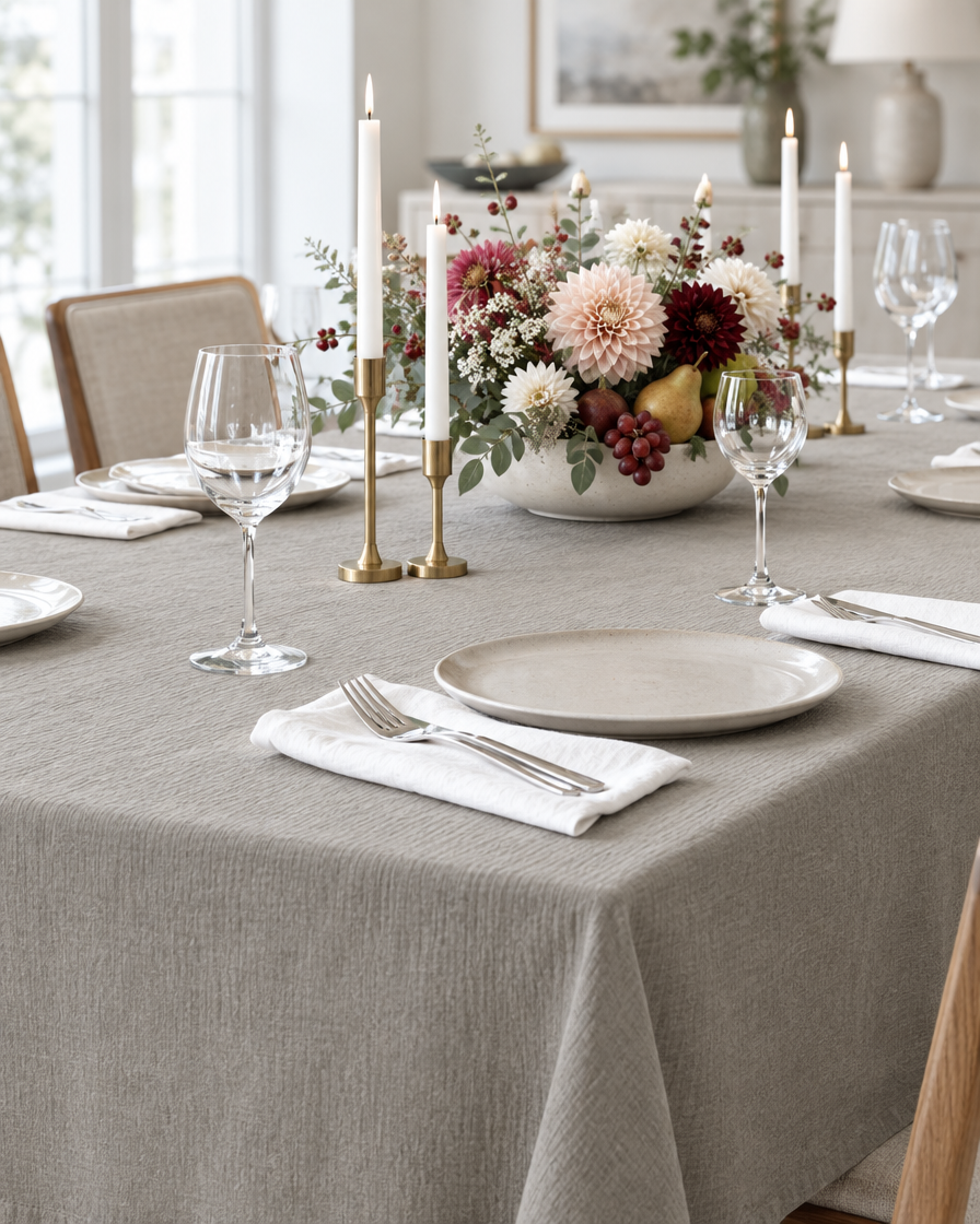 Warm Grey cloud cotton tablecloth on a dinner-party table with brass candlesticks, dahlias and white napkins on stoneware.