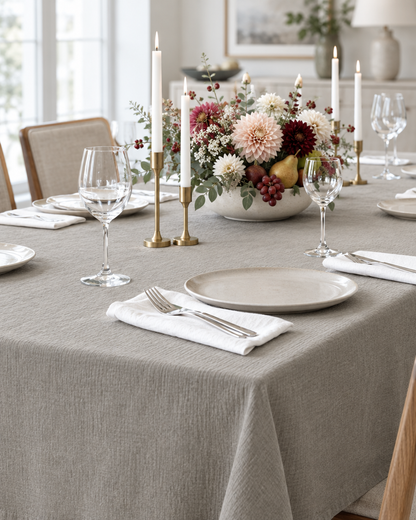 Warm Grey cloud cotton tablecloth on a dinner-party table with brass candlesticks, dahlias and white napkins on stoneware.