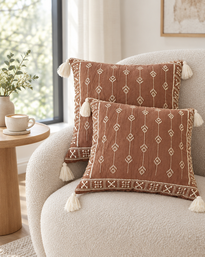 Terracotta embroidered cushions with tassels on a boucle armchair by a window with a coffee cup