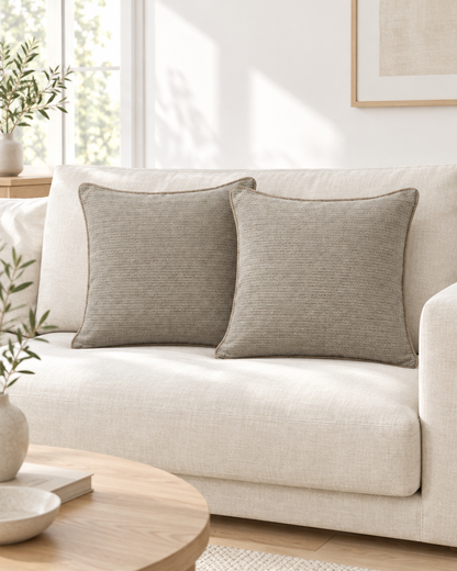 Two greyish-taupe piped hemp cotton cushions on a cream linen sofa in a sunlit Scandi living room