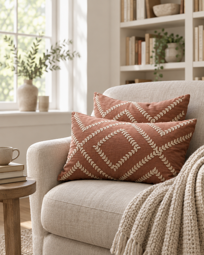 Terracotta trellis embroidered lumbar cushions in a sunny reading nook beside bookshelves